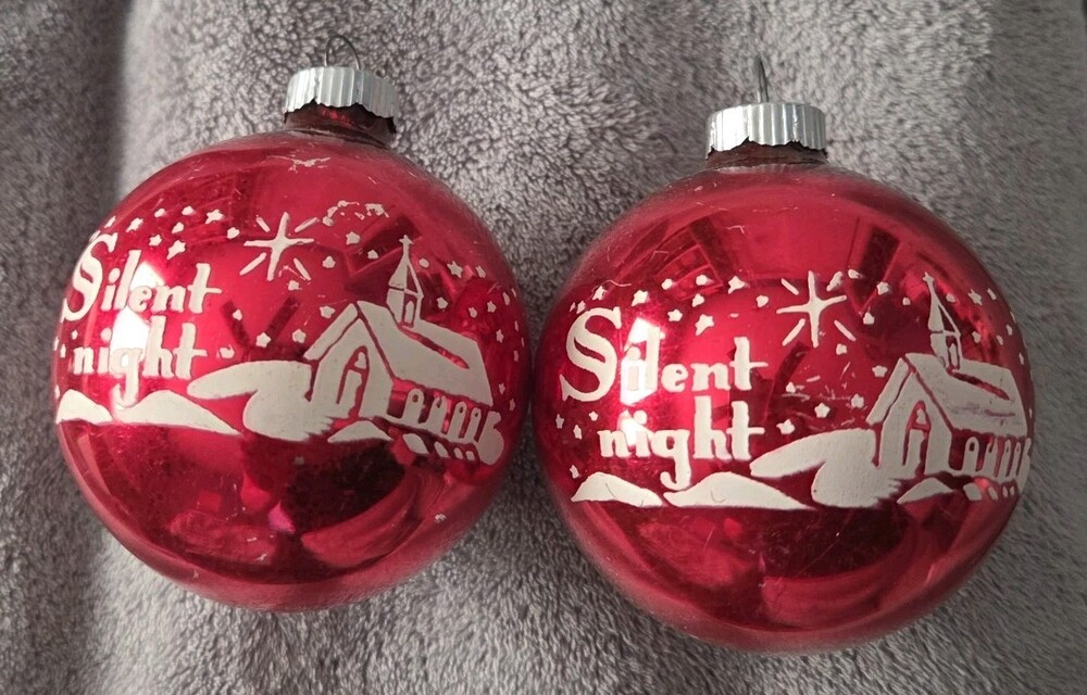 2 Vtg Shiny Brite Silent Night Stencil Christmas Ornaments Red Church Star Glass